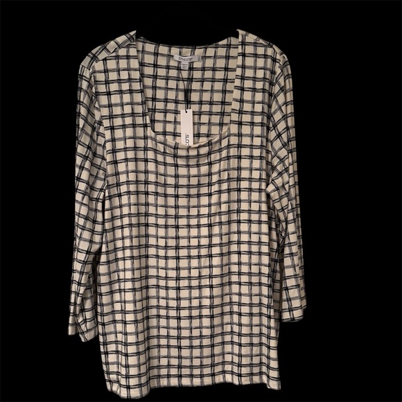 Chicos Size 3 Black & Cream Grid Pattern Square-Neck Lined Shirt, 3/4 Sleeve NWT - Picture 2 of 15